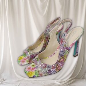 Betsy Johnson Embellished Floral Slingback Heels Shoes Sz 11M Square Toe